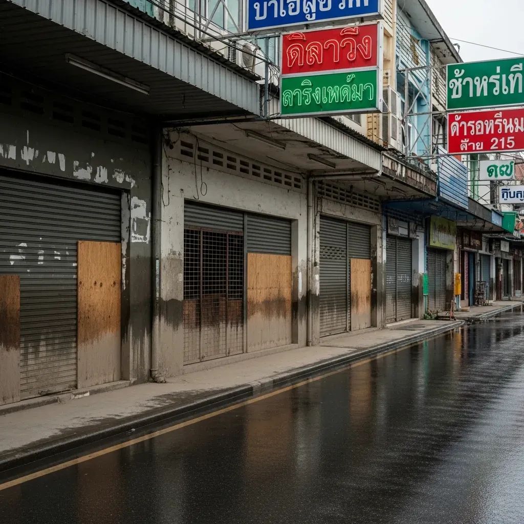 Deserted flood-damaged shop fronts in Hat Yai with water-stained walls and muddy street