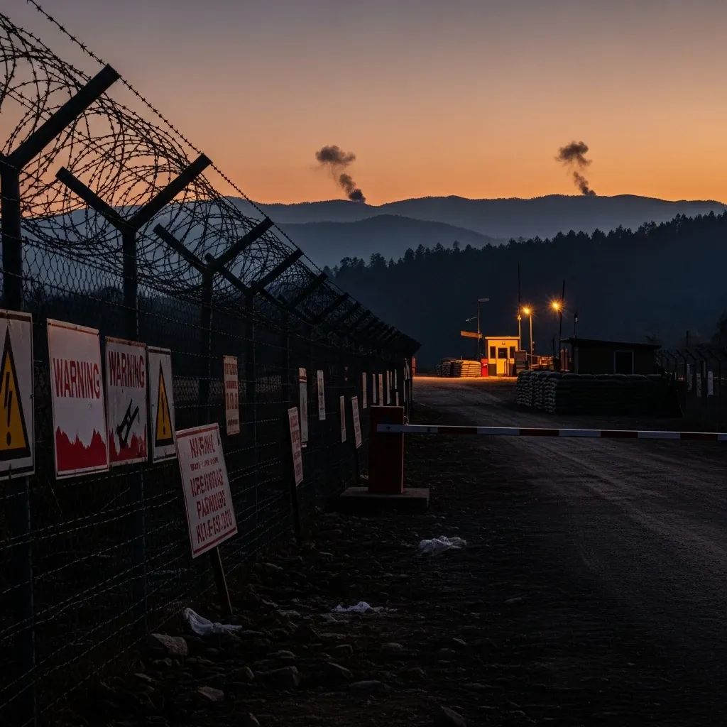 Border checkpoint with barbed wire and warning signs in the Dangrek Mountains at dusk