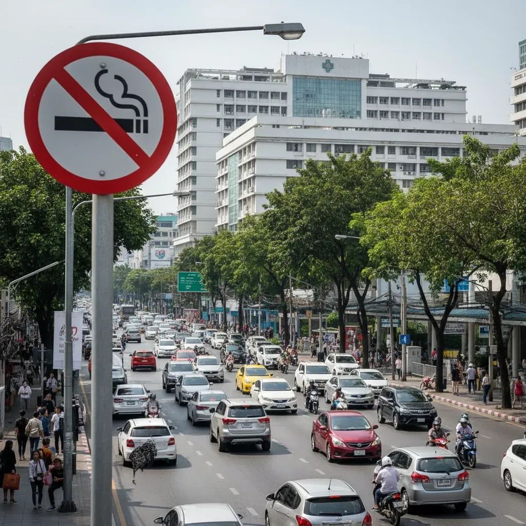 Wide shot of Bangkok’s Rama 6 Road with a no-smoking sign and hospital backdrop illustrating new ban