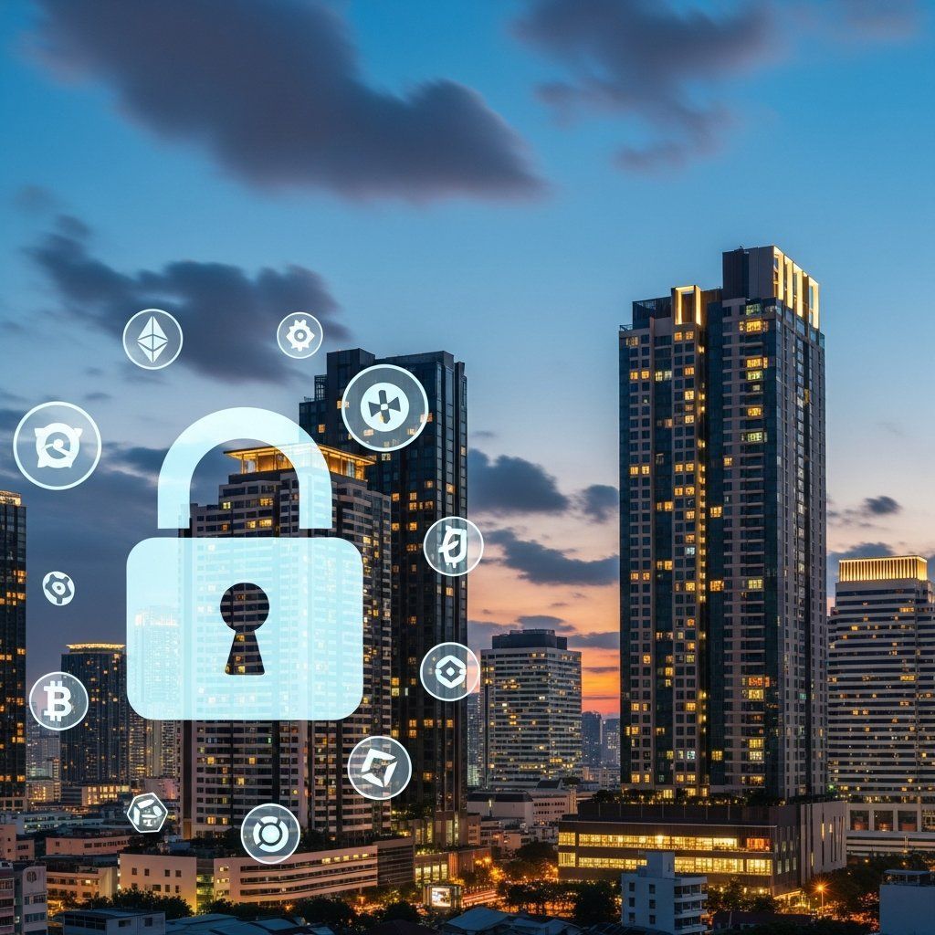Bangkok condominium skyline with digital padlock and floating cryptocurrency symbols