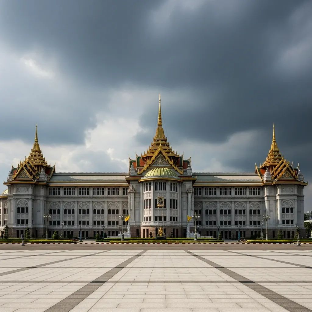 Empty forecourt of Thailand’s Parliament building under overcast sky