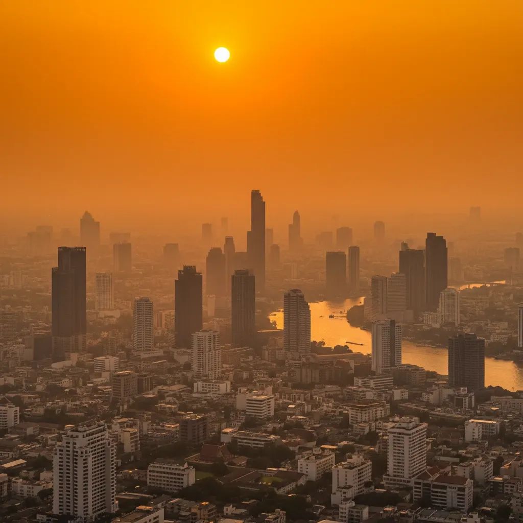 Hazy Bangkok skyline beneath scorching midday sun, symbolising Thailand’s severe heatwave