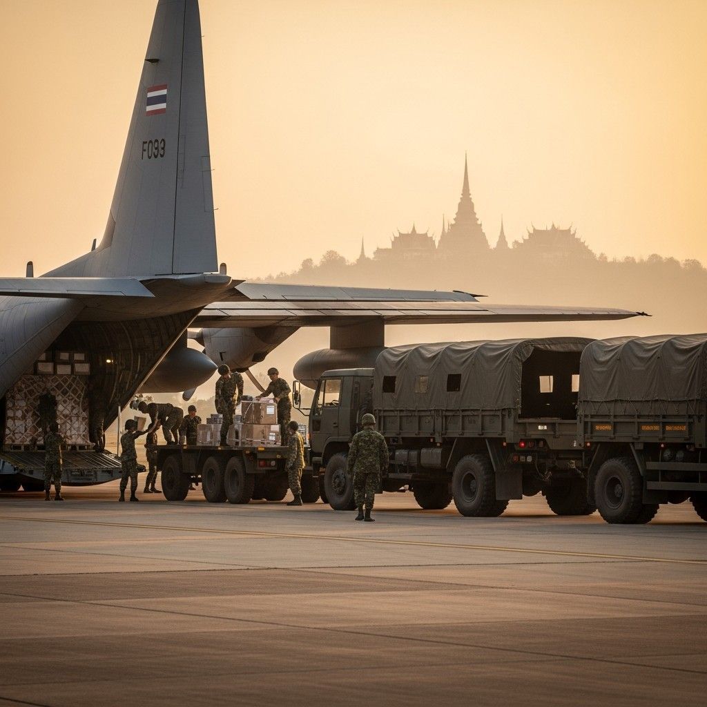 Cargo plane unloading tents and water supplies at a Thai airport runway with military trucks