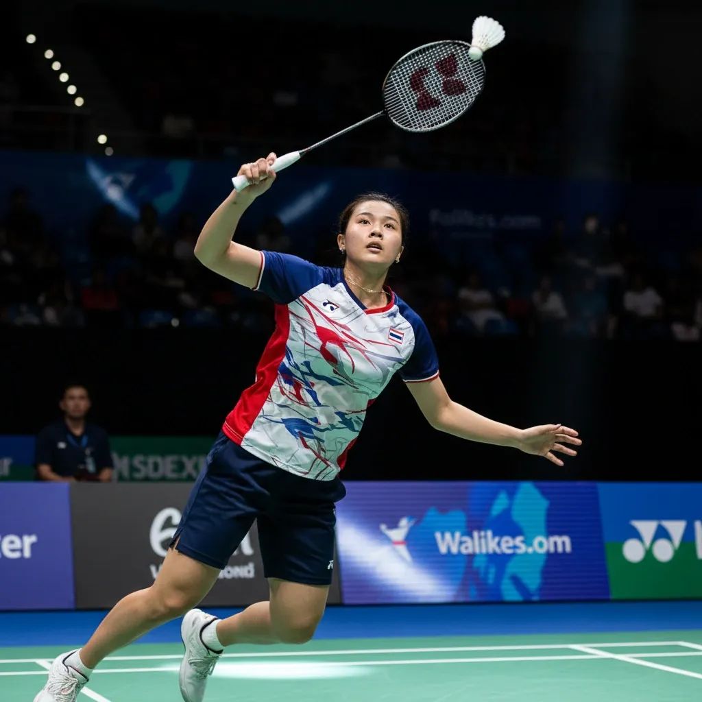 Badminton player in action during competitive match with racket mid-swing on indoor court