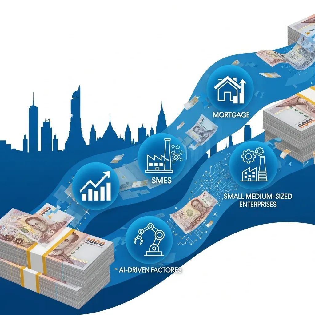 Illustration of Thai baht banknotes transforming into digital icons for mortgages, SMEs and AI loans