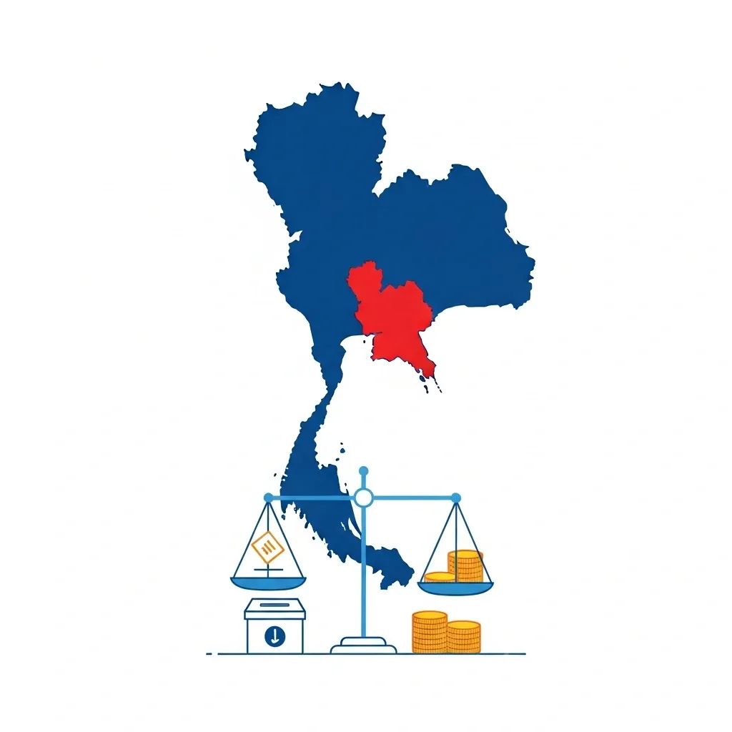 Infographic of Thailand map highlighting southern provinces with scales balancing a ballot box and coins