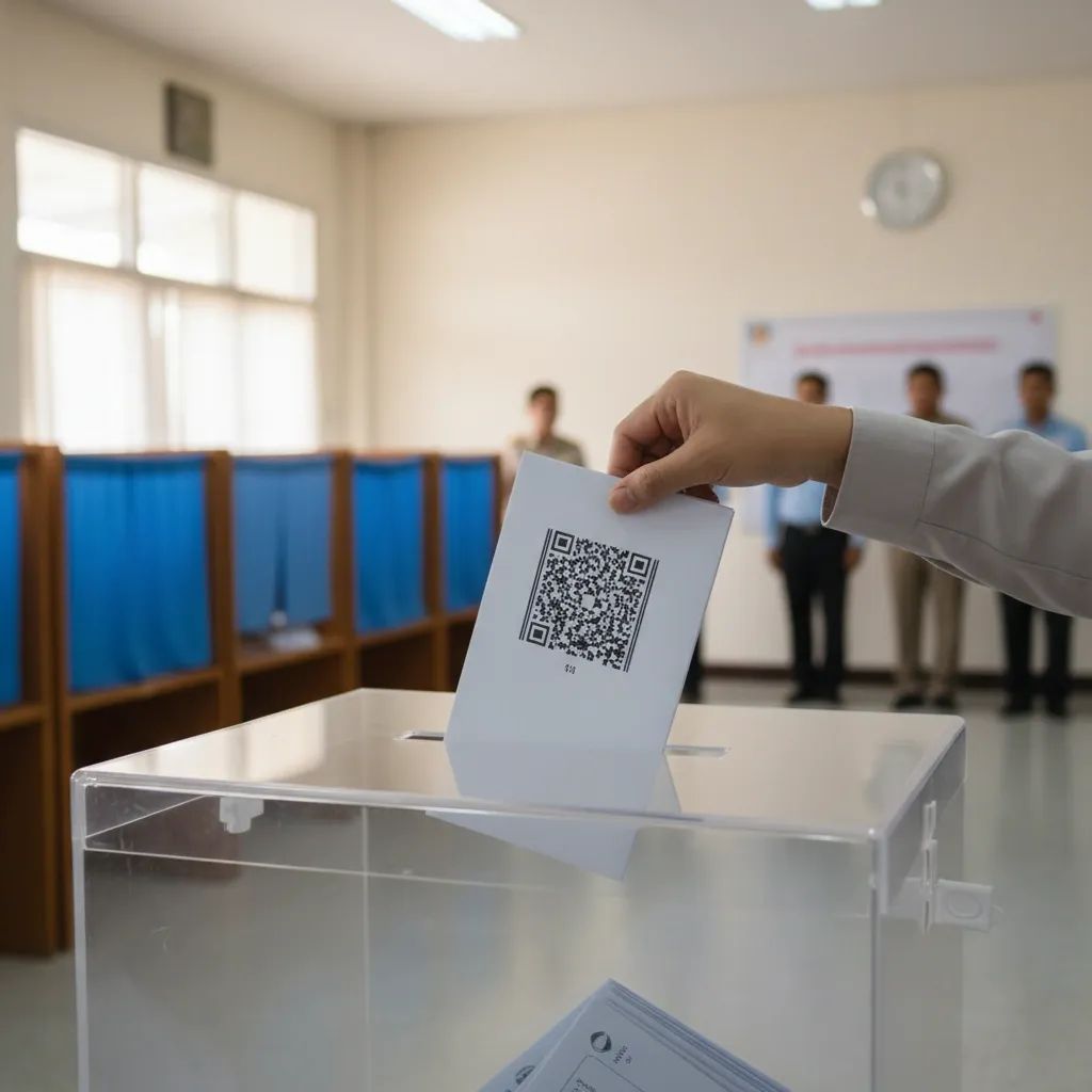 Anonymous voter inserts barcode-tagged ballot into clear box at Thai polling station