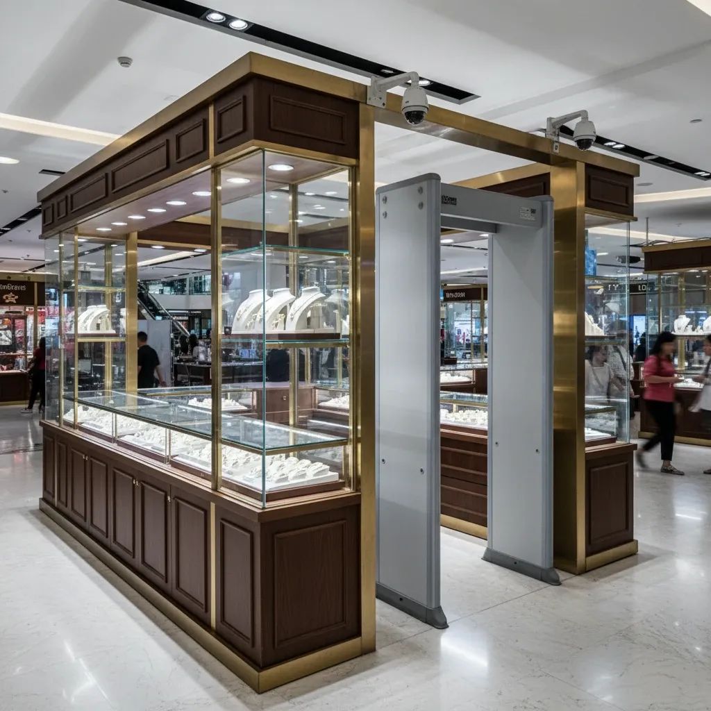 Interior of a mall jewellery kiosk with security cameras and metal detector arch