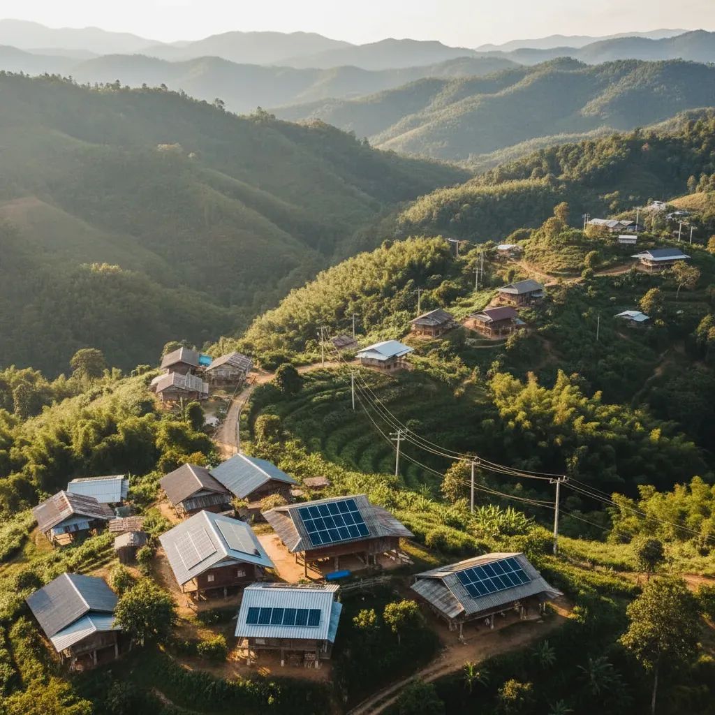 Rural Northern Thailand village with scattered homes on mountainous terrain, some with solar panels installed on rooftops