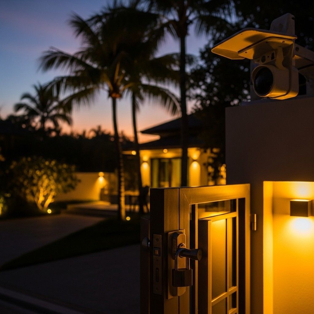 CCTV camera overlooking a luxury Koh Samui villa entrance at dusk for security thumbnail