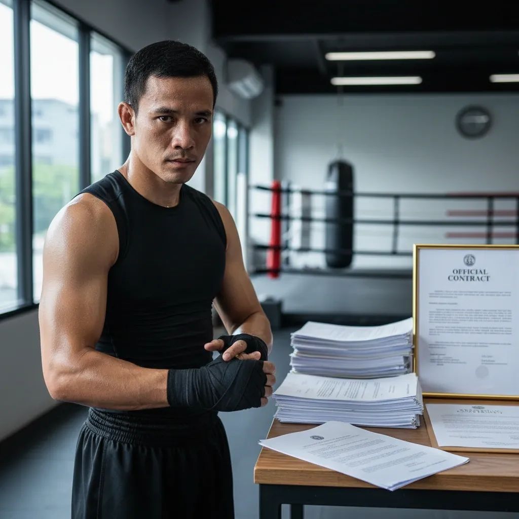 Thai fighter in training gym with contract documents, representing legal disputes in combat sports