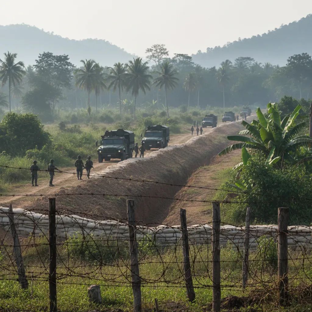 Barbed wire fence and Thai military vehicles at rural Cambodia border trench