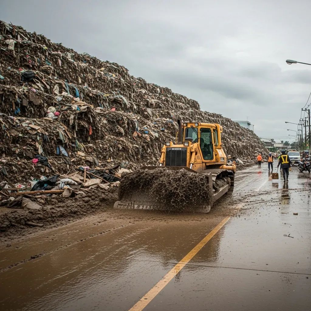 Bulldozer clearing flood debris from muddy street in Hat Yai, Thailand with cleanup crews in background