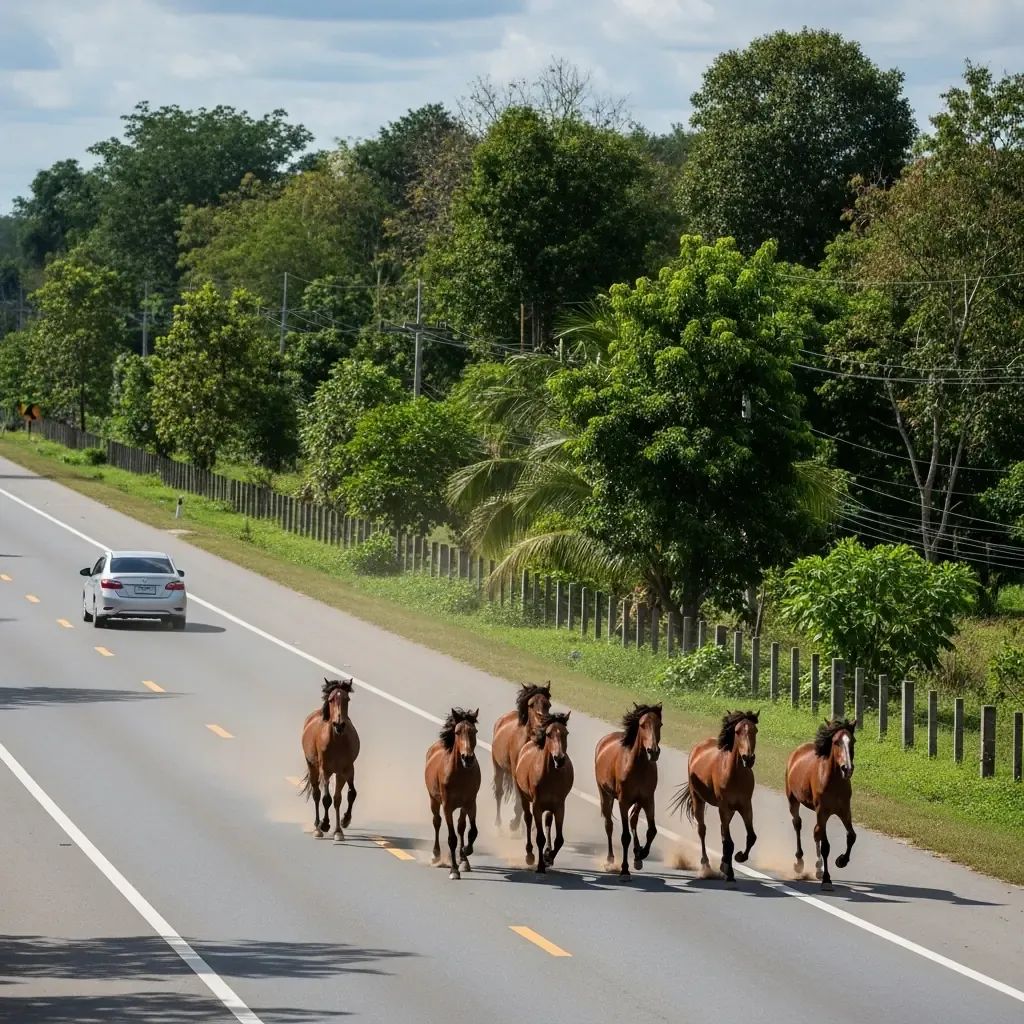 Sedan nearing group of escaped horses running across a rural Thai highway