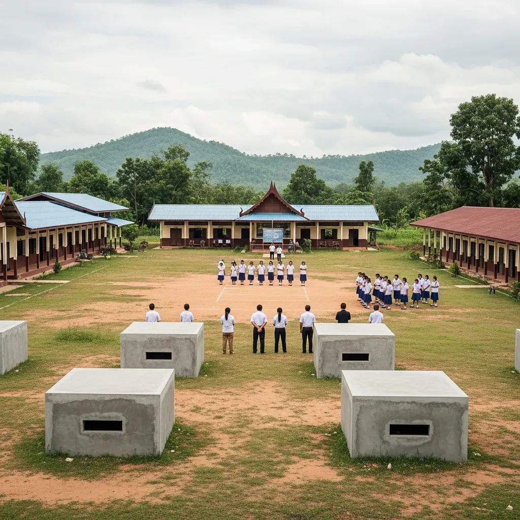Students in uniforms practicing emergency drill next to concrete bunkers in a rural northeastern Thailand schoolyard