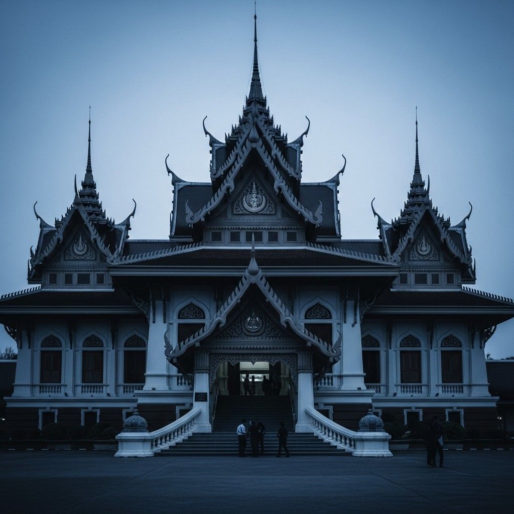 Exterior of a Thai courthouse at dusk with small distant figures symbolizing legal proceedings tension