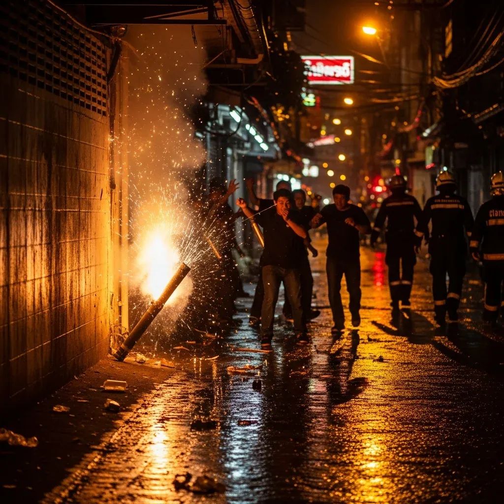 Firework explosion in a narrow Bangkok alley with people scattering and emergency responders arriving
