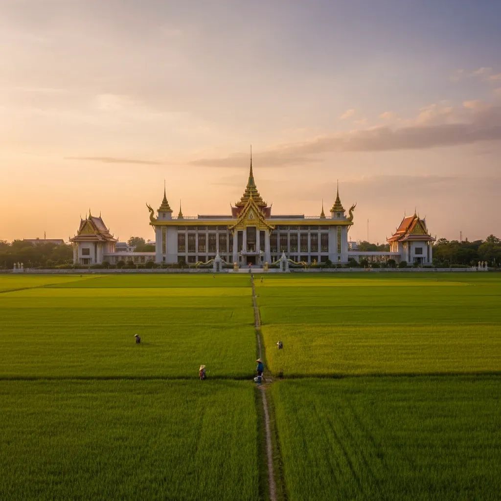 Thai government complex framed by green rice fields, illustrating political battle over agriculture ministry