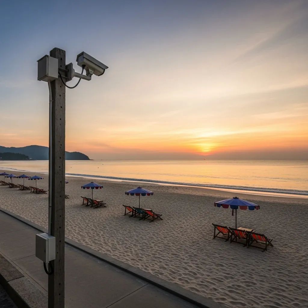 Phuket beach with limited umbrellas and a CCTV camera on a pole near the walkway
