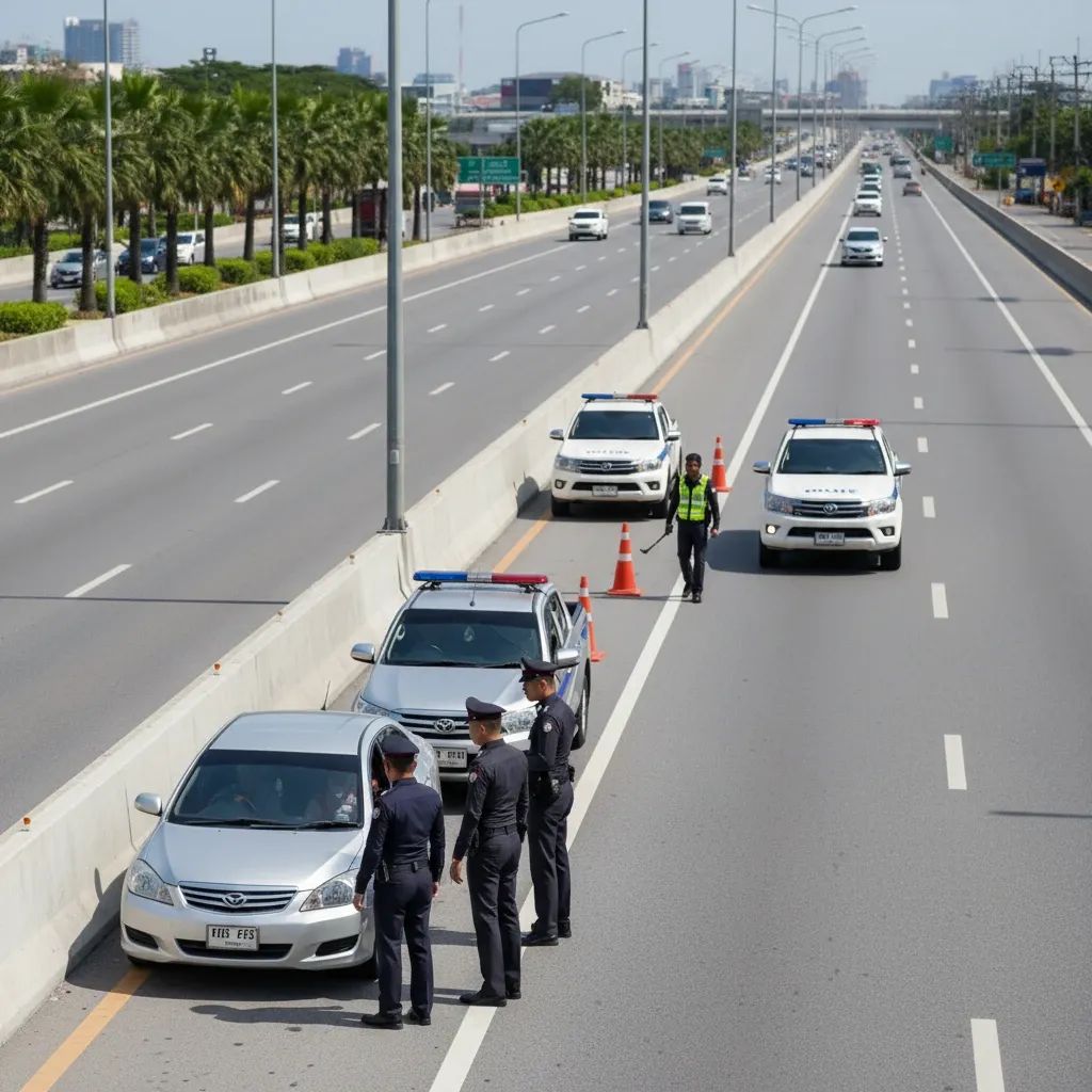 Thai police officers conducting routine highway checkpoint inspection on a modern divided road in daylight