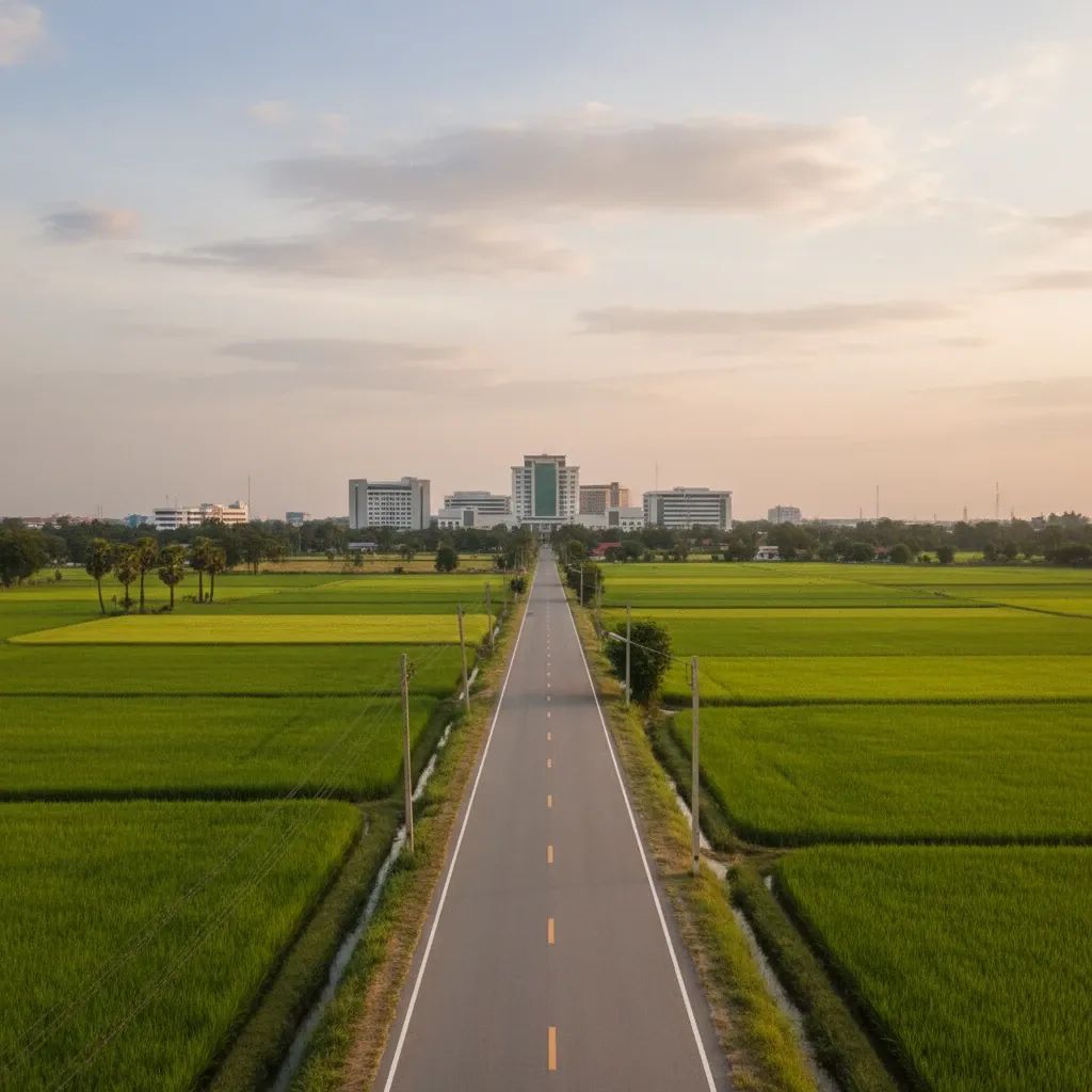 Rural Thai road stretching past rice fields toward a modern government complex, suggesting new policy funding
