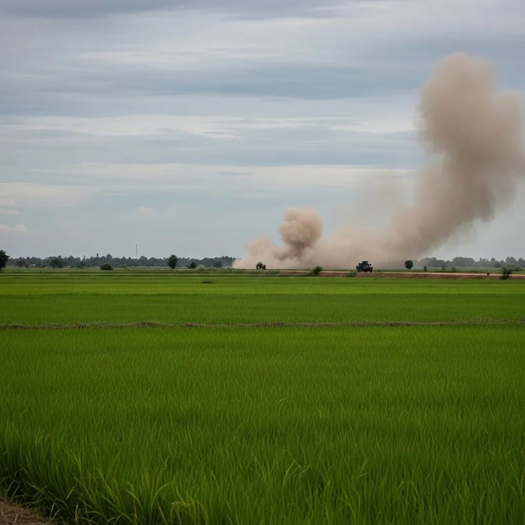 Explosion dust cloud over rice paddies at Thailand-Cambodia border with a distant military vehicle