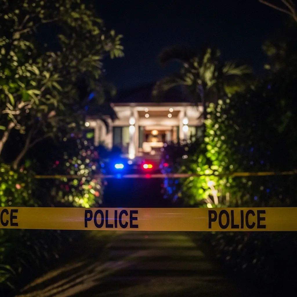 Nighttime exterior of a Phuket villa with police tape and flashing lights from a drug raid