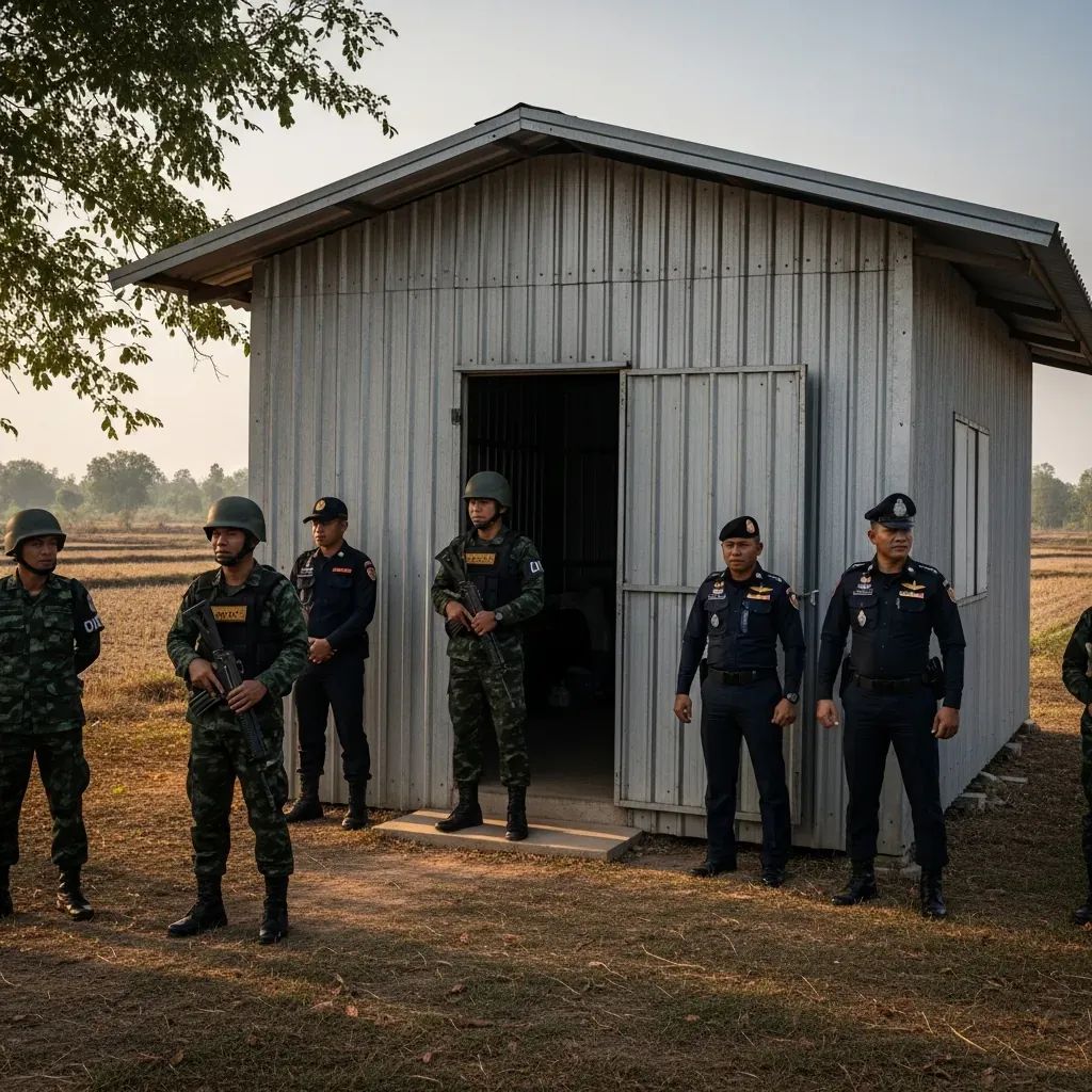 Thai soldiers stand outside a spartan metal warehouse on the Thailand-Cambodia border