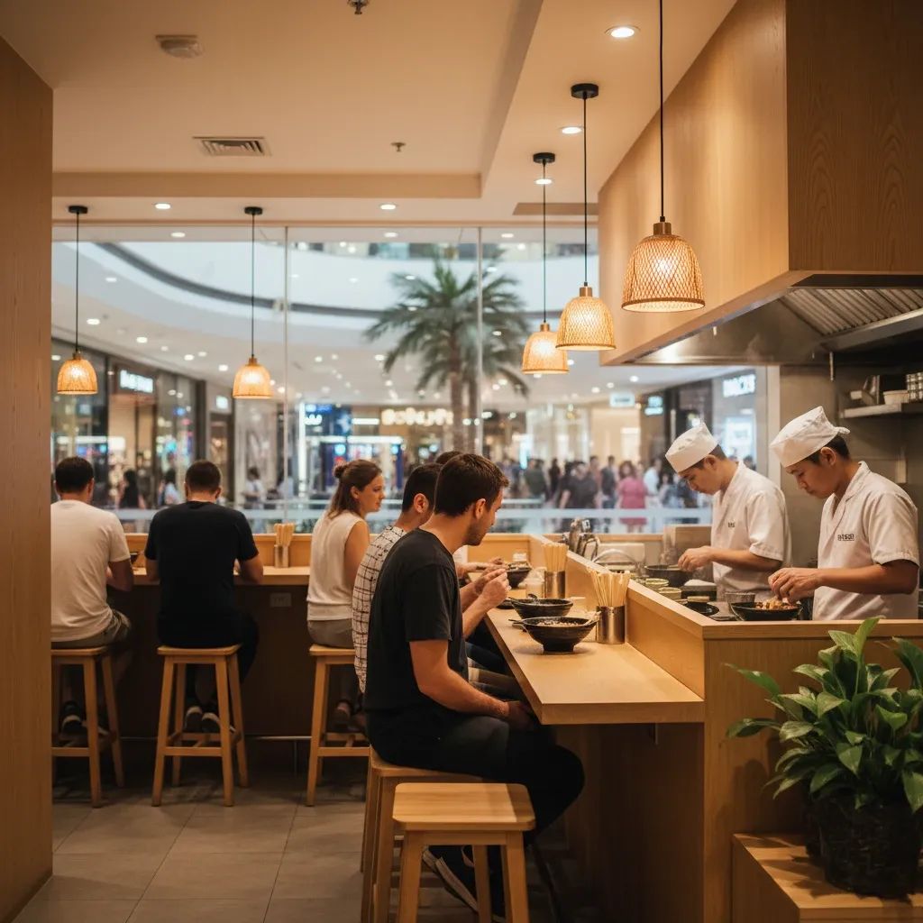 Modern Japanese restaurant interior with diners enjoying meals at counter seating
