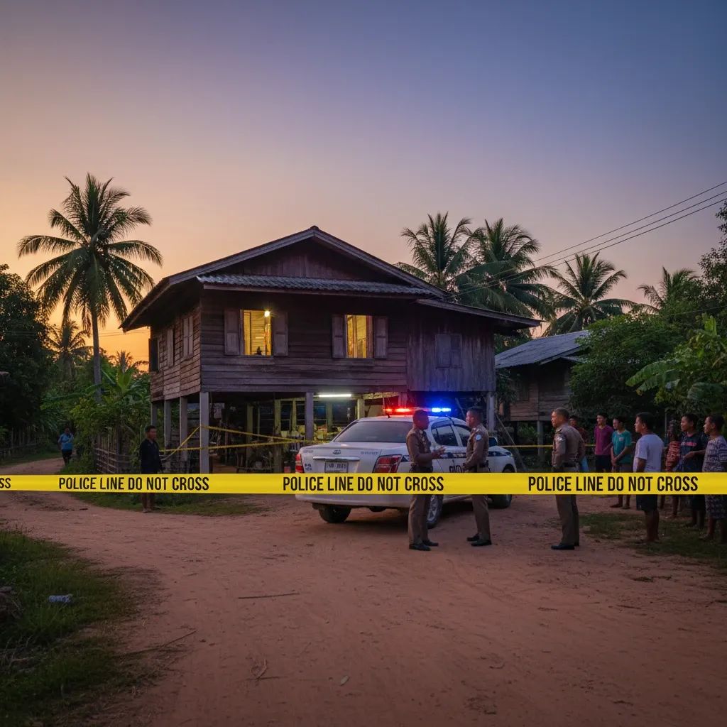 Thai rural house at dusk cordoned off with police tape and patrol car nearby after vote-buying bust