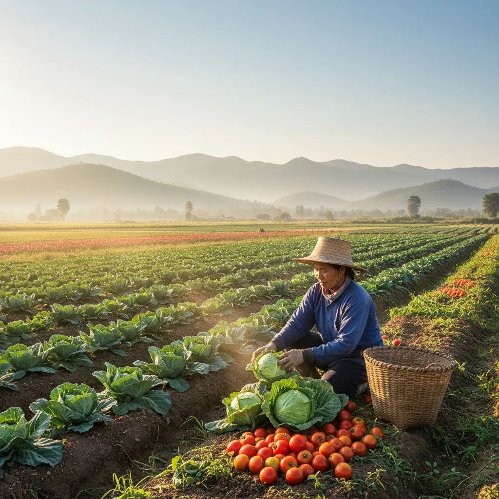 Thai farmer harvesting vegetables in Chiang Mai field during agricultural crisis