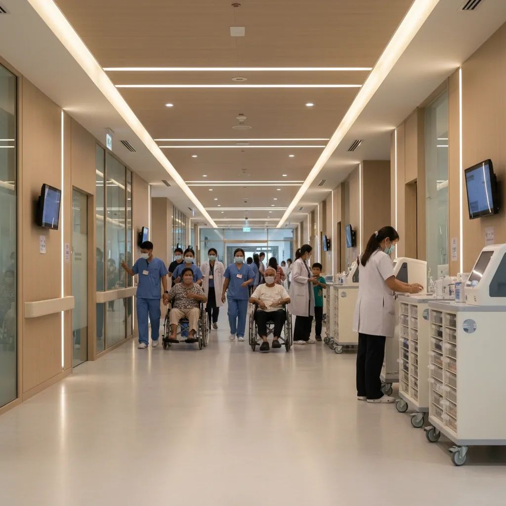Modern hospital interior showing medical professionals and patients in contemporary healthcare facility