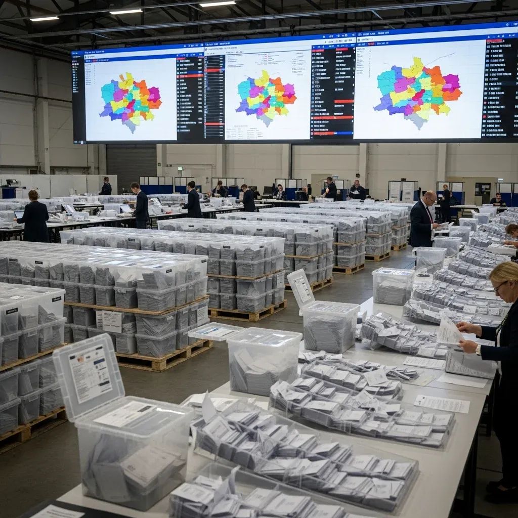 Election officials preparing ballot boxes and transparent counting trays in a Thai warehouse