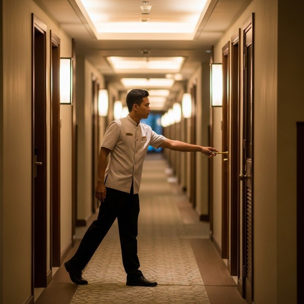 Hotel staff member knocking on guest room door in a Phuket resort corridor