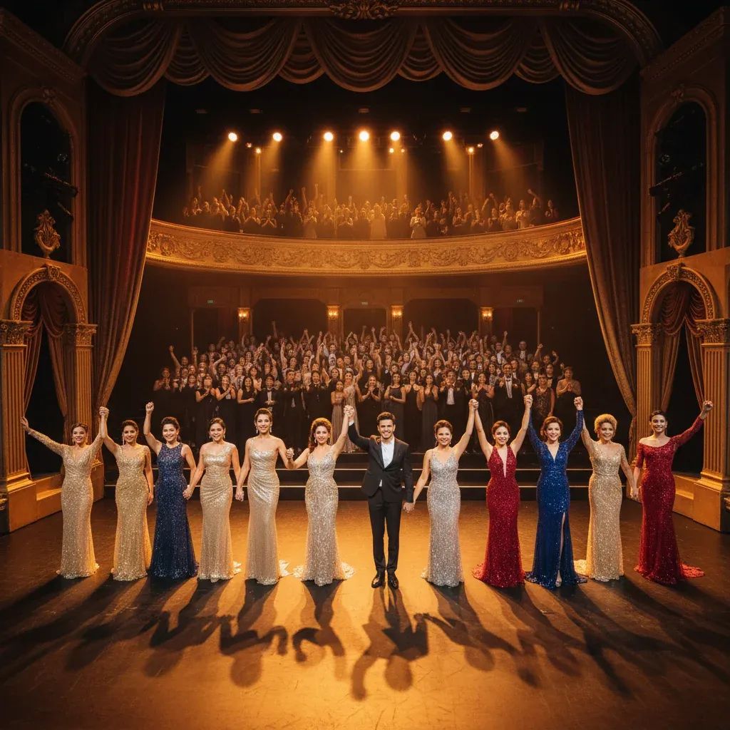 Miss Tiffany's 2026 pageant performers on stage in sky-blue evening gowns during finale celebration