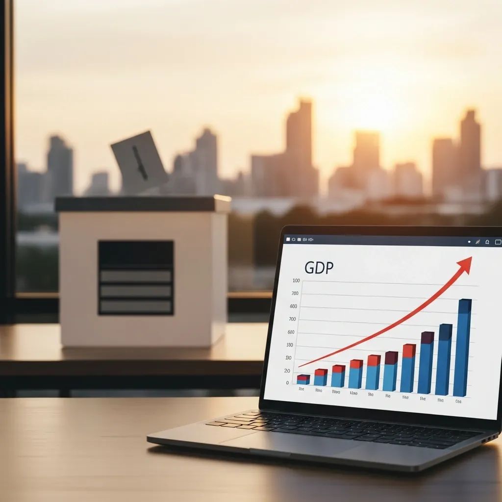Office desk with laptop showing rising GDP chart and ballot box with Thai city silhouette
