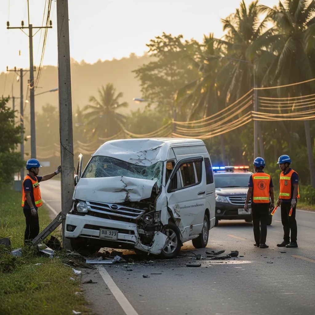 Emergency response scene showing damaged tour van collided with utility pole on Phuket road