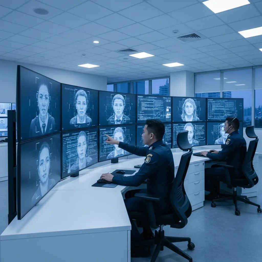 Security personnel monitoring facial recognition system in Thailand immigration control center