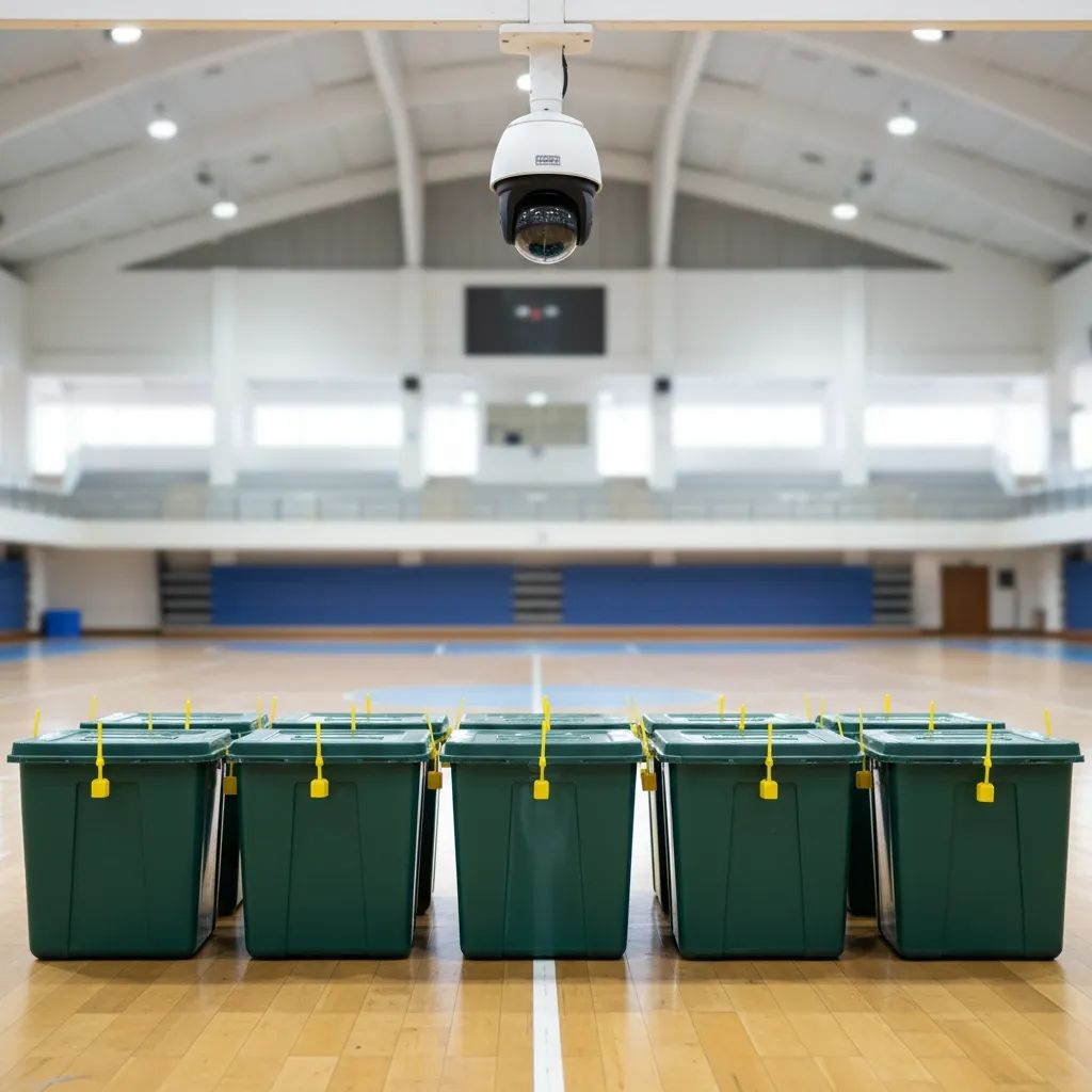 Rows of sealed green ballot boxes in a Chon Buri sports hall under CCTV cameras, illustrating Thai election security