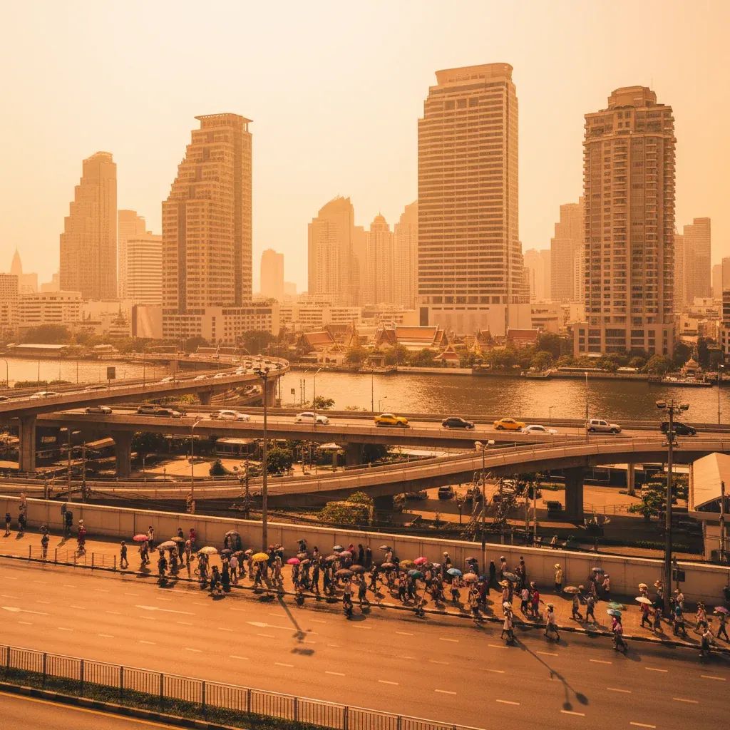 Bangkok street shimmering in harsh midday sun as pedestrians use umbrellas to cope with extreme heat