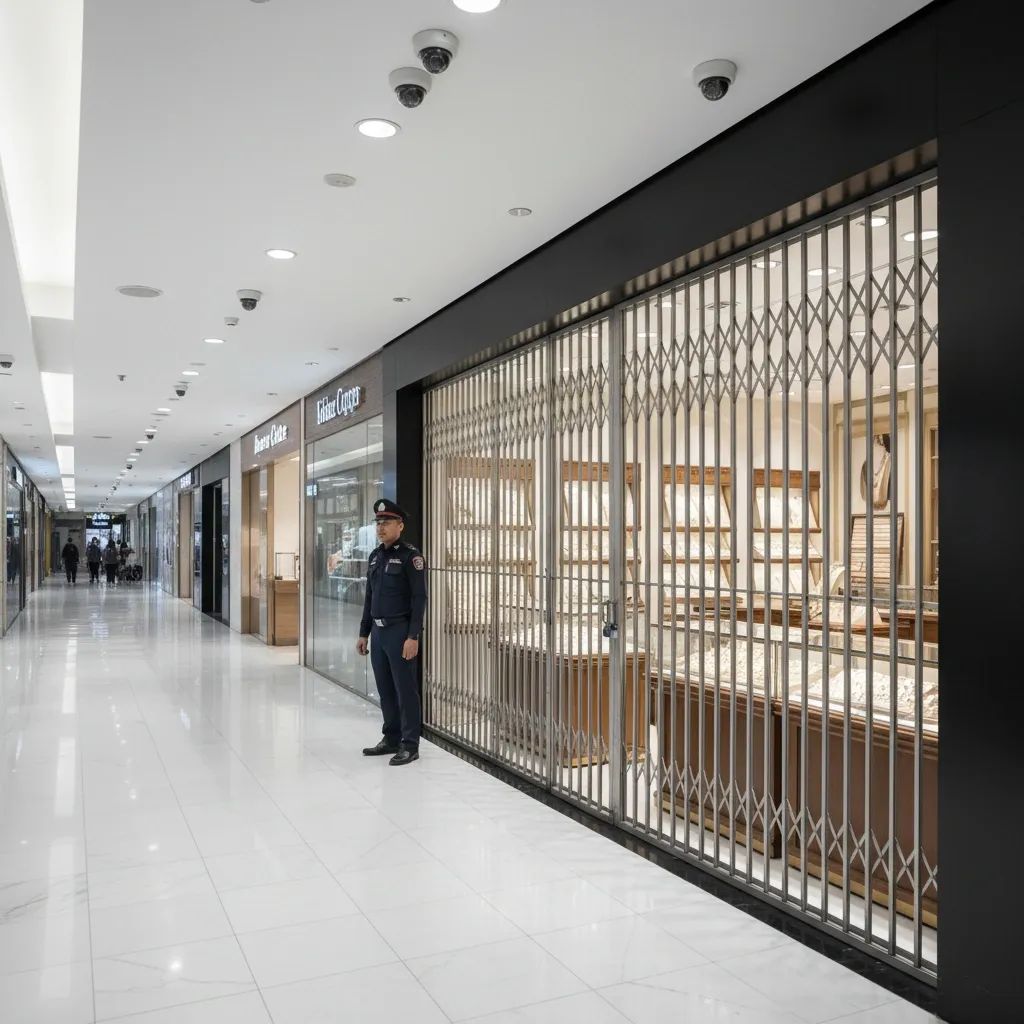 Security guard standing outside a gold shop with steel bars in a Bangkok mall