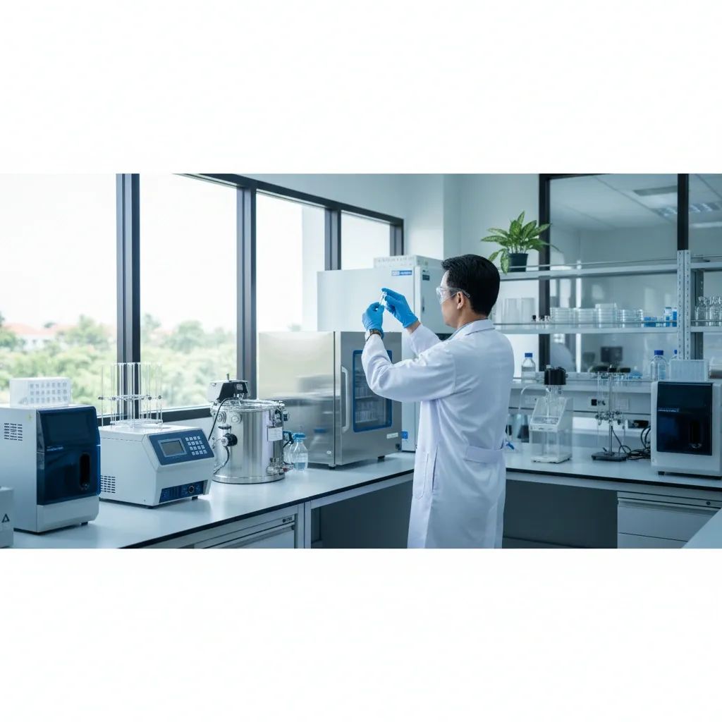 Thai researcher working in modern vaccine laboratory with cold storage freezer equipment