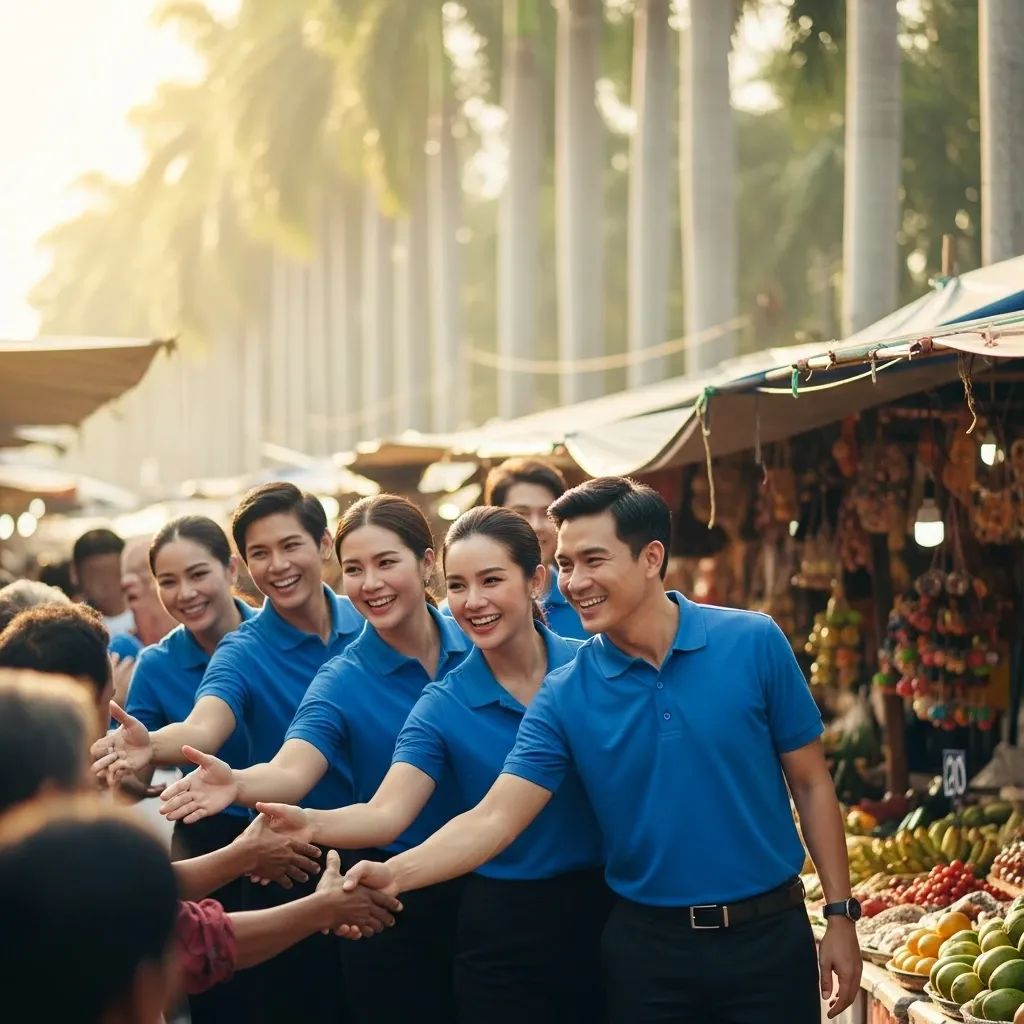 Campaigners in blue shirts greeting supporters at a southern Thai market under palm trees