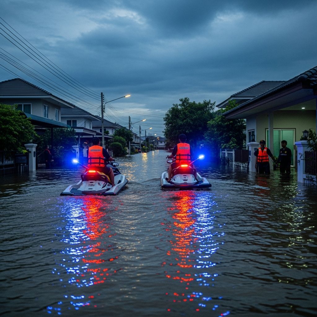 Rescue jet skis navigating chest-high floodwaters in Hat Yai at dusk