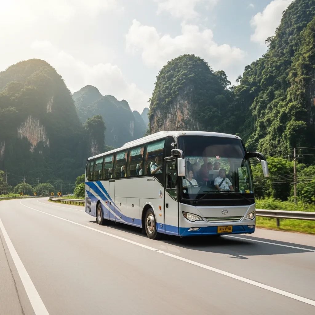 Tour bus traveling on Southern Thailand highway with safety focus for news article thumbnail