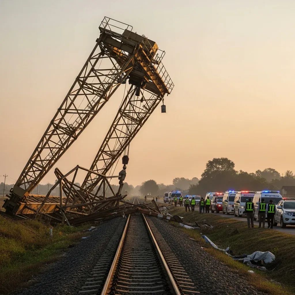 Tipped gantry crane leaning over railway tracks in Thai countryside with emergency vehicles in background