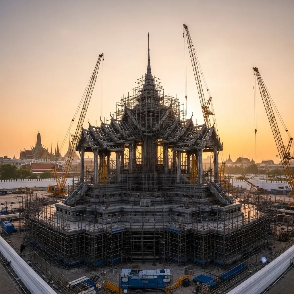 Steel skeleton of the new royal crematorium under construction at Sanam Luang with Grand Palace silhouette