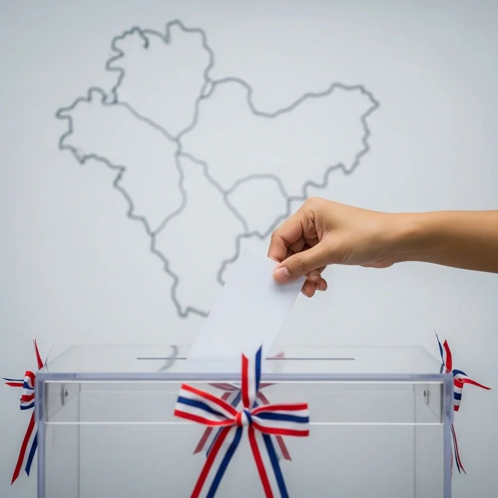 Hand placing a ballot into a transparent box with a Nakhon Ratchasima province map outline