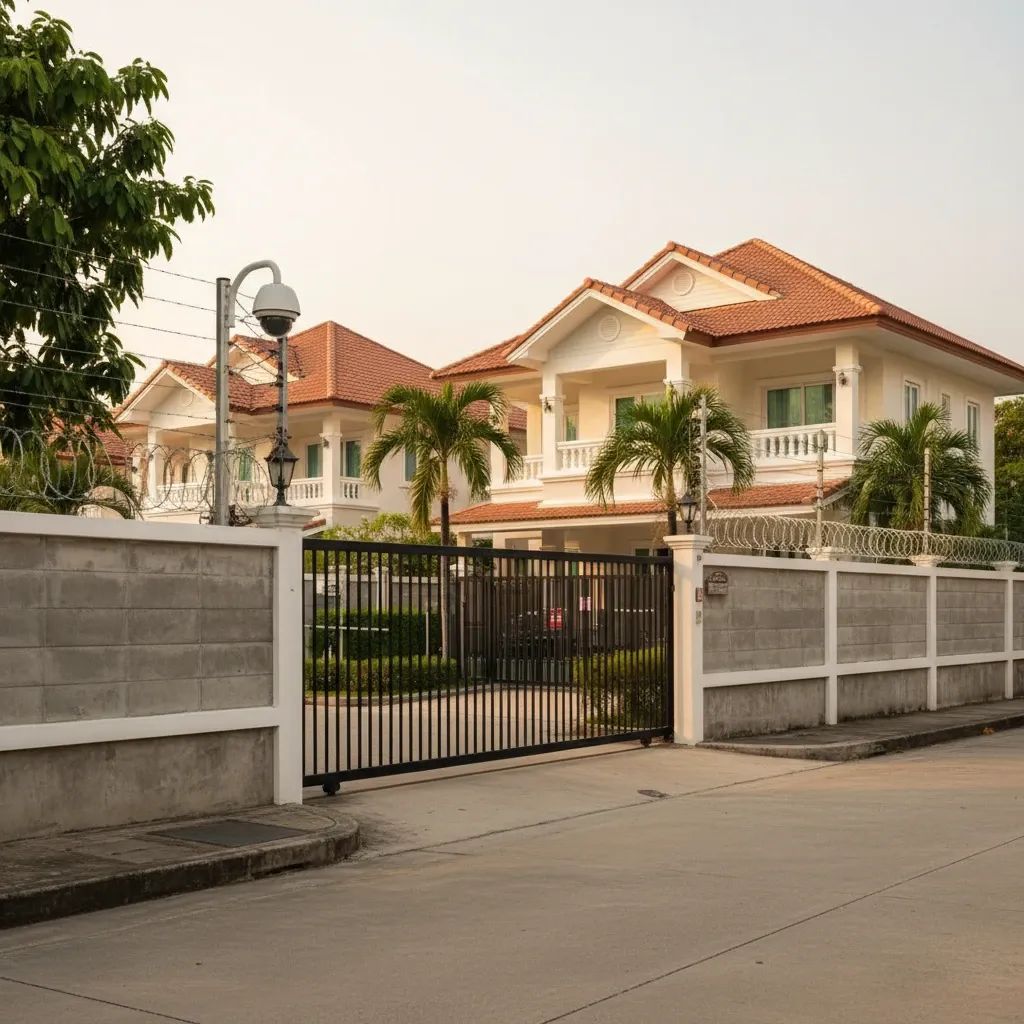Gated residential estate entrance with security fence and CCTV camera