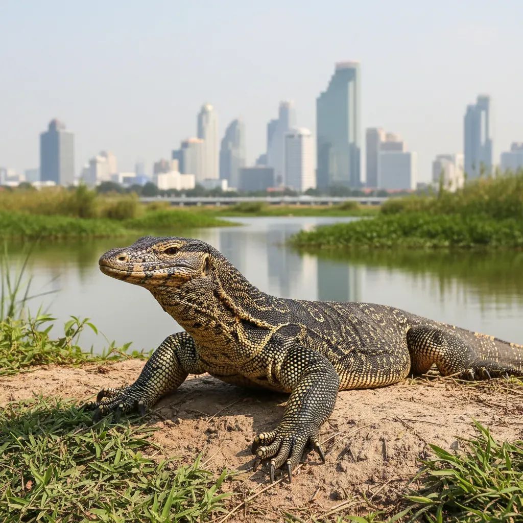 Water monitor lizard resting on embankment in Bangkok's Lumpini Park